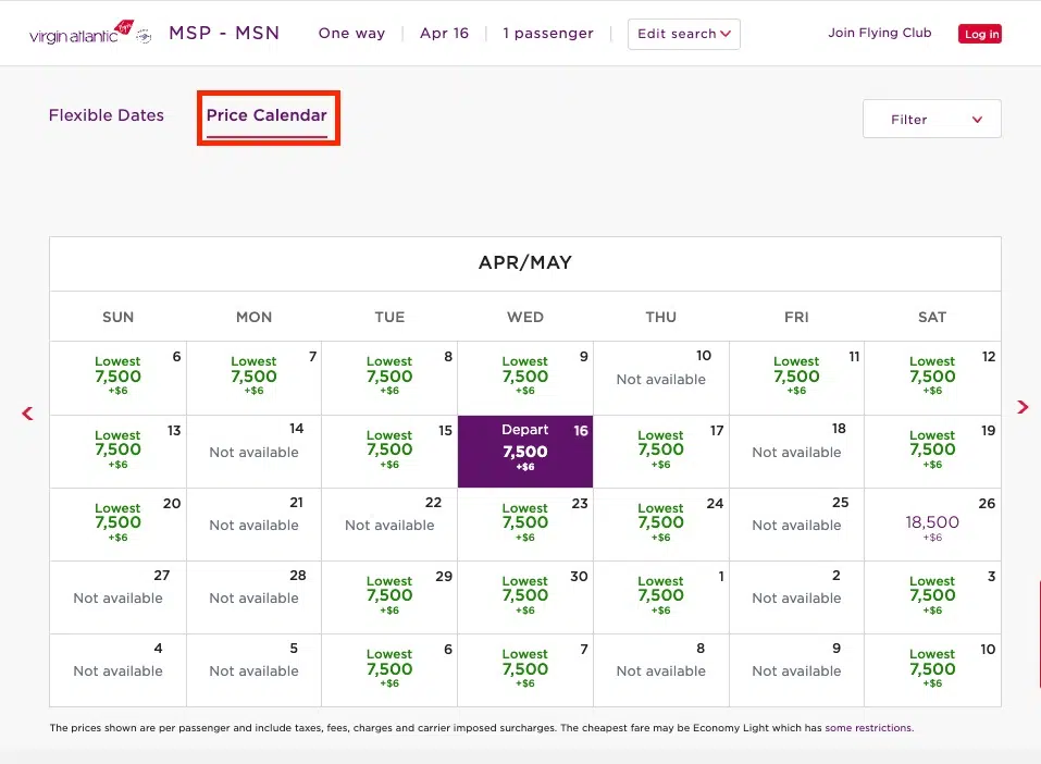 Calendar of flight prices in points with april 16th for 7,5000 points selected.