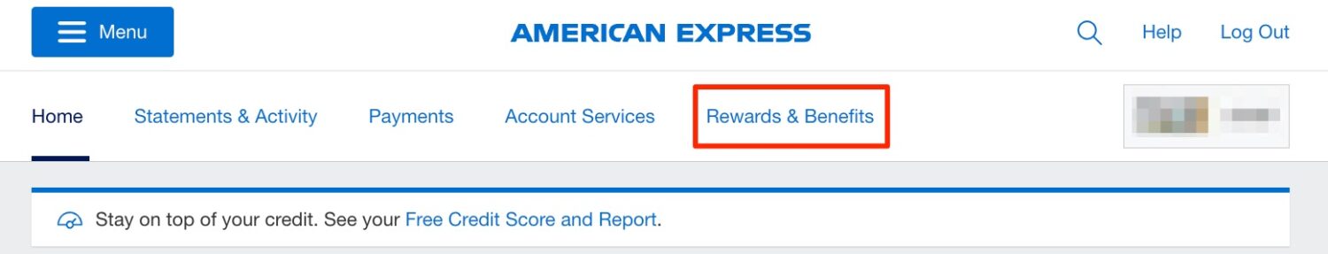 Amex account menu with Rewards & Benefits button.