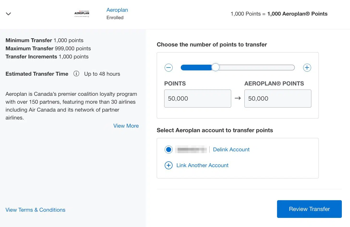 Amex point transfer to Air Canada Aeroplan.