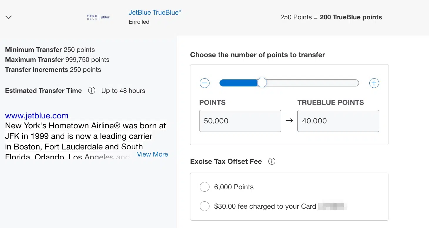 Amex point transfer to Jetblue.