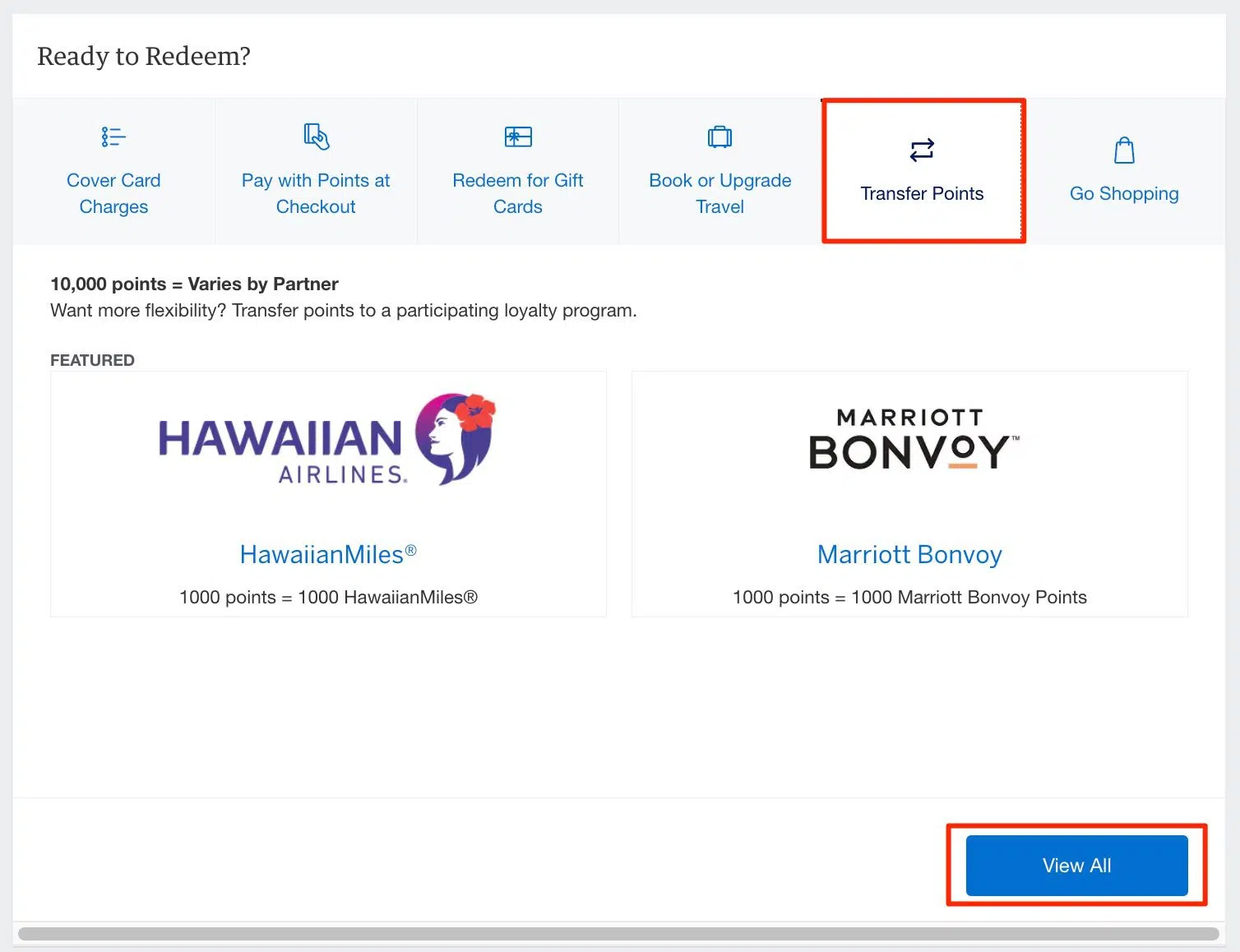 Amex transfer partners menu with Transfer Points button.