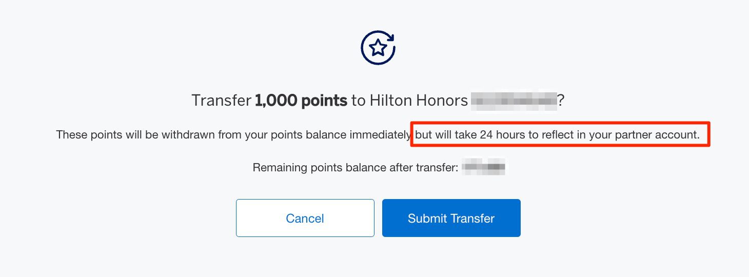 Amex point transfer to Hilton Honors final confirmation page. 