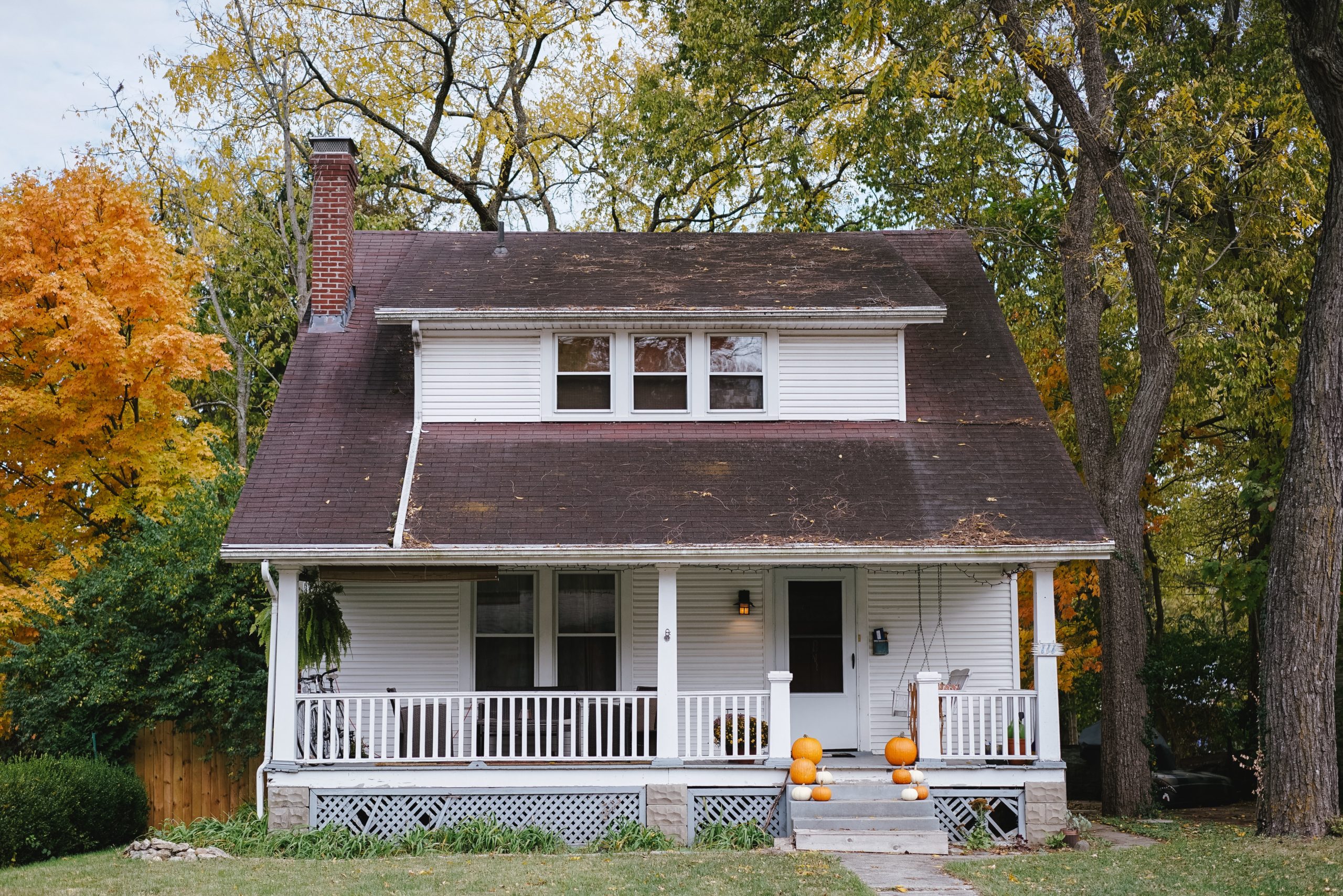 A white house with pumpkins on the front porch and trees surrounding it.