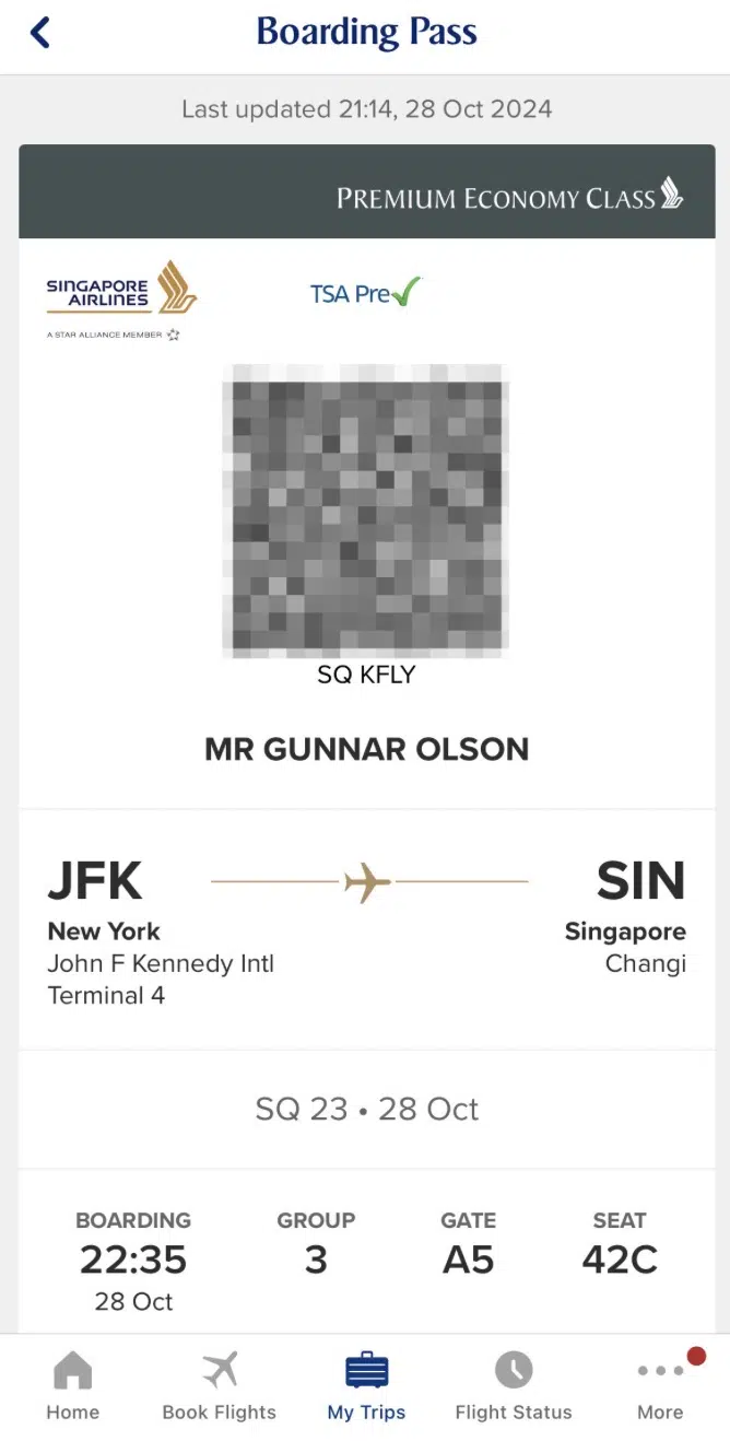 singapore airlines boarding pass with tsa precheck