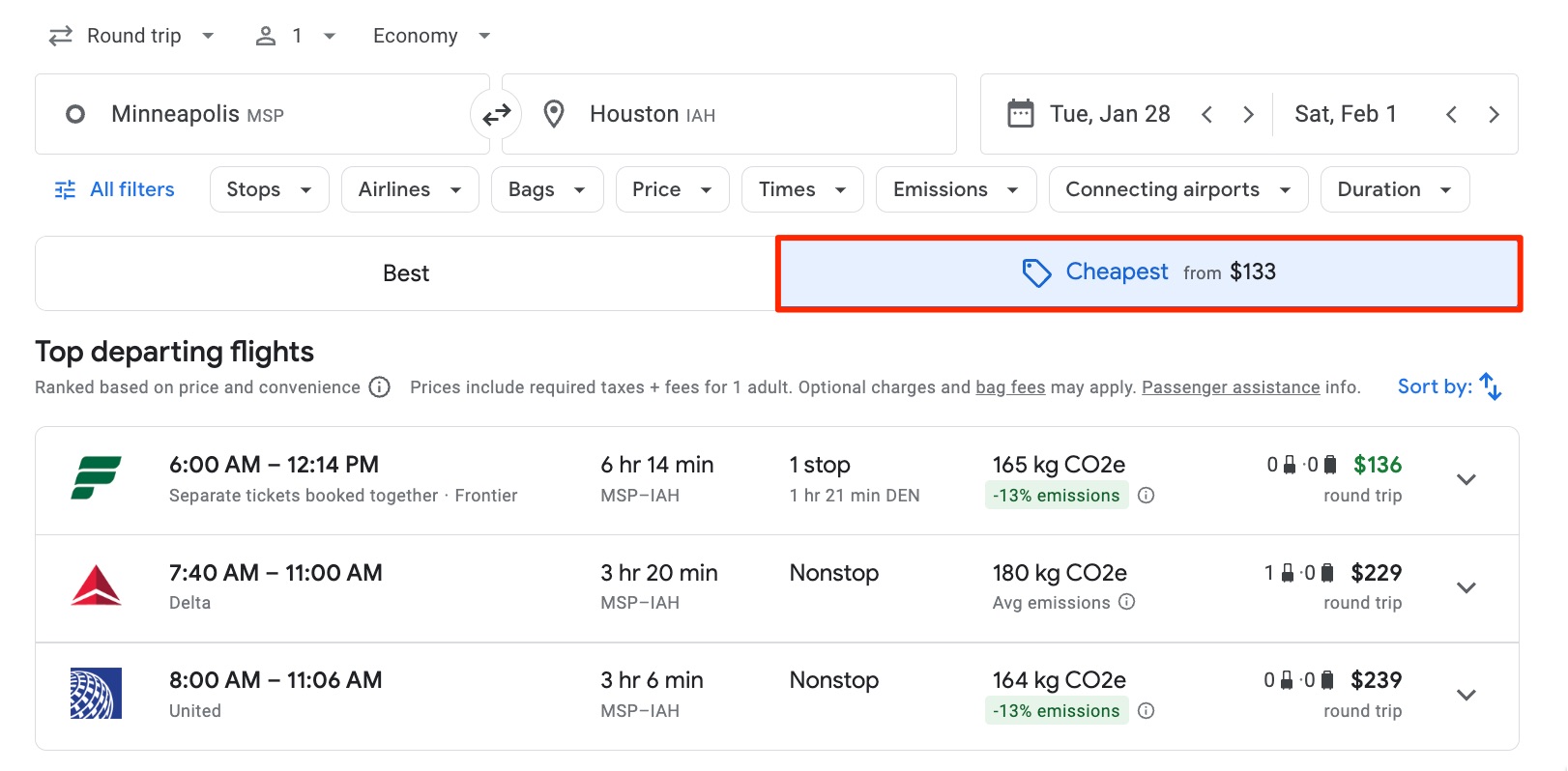 a google flights search with the cheapest fares tab selected