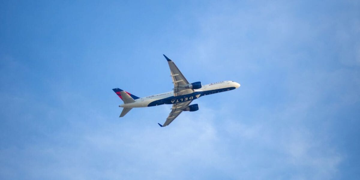 Delta airplane flying through the sky