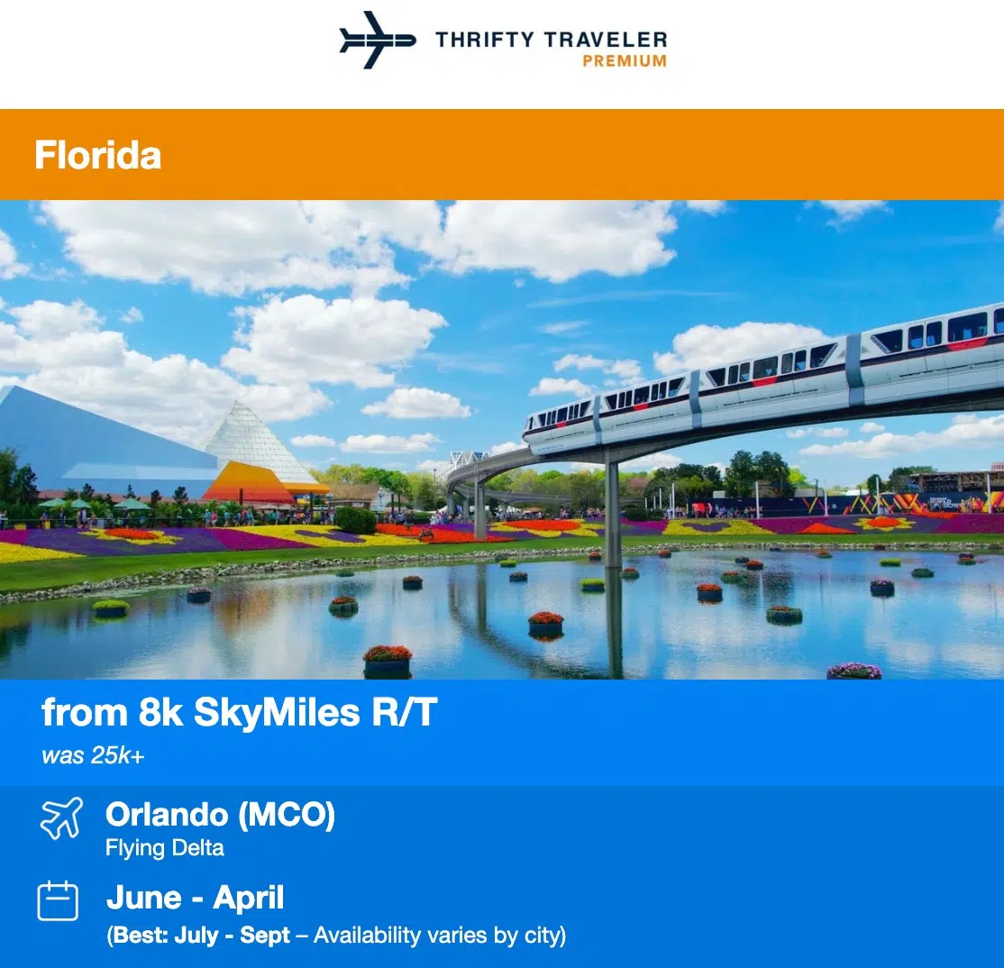 Thrifty Traveler Premium flight deal florida from 8,000 skymiles roundtrip was 25,000 skymiles june through april