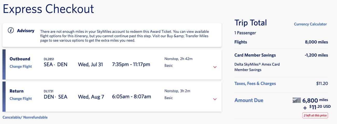 express checkout for a seattle to denver delta flight for 6,800 skymiles