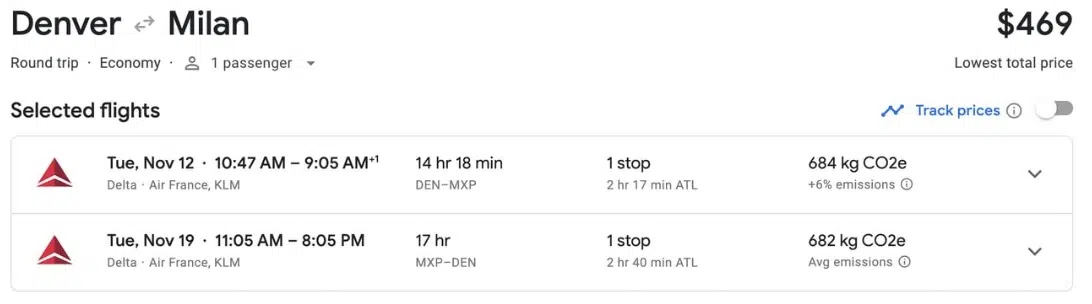 Denver to Milan roundtrip economy flight for one passenger for $469 from Tuesday, November 12 to Tuesday, November 19