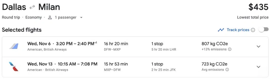 Denver to Milan roundtrip economy flight for one passenger for $435 roundtrip from wednesday, november 6 to wednesday, november 13