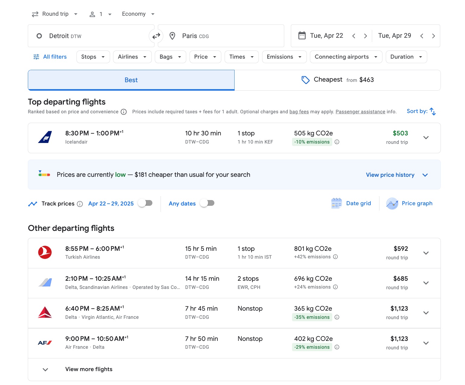 Google Flights search