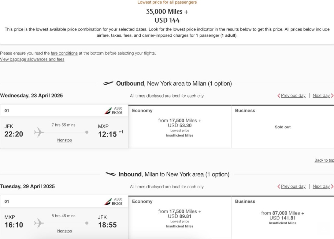 JFK to Milan airfare with Emirates points