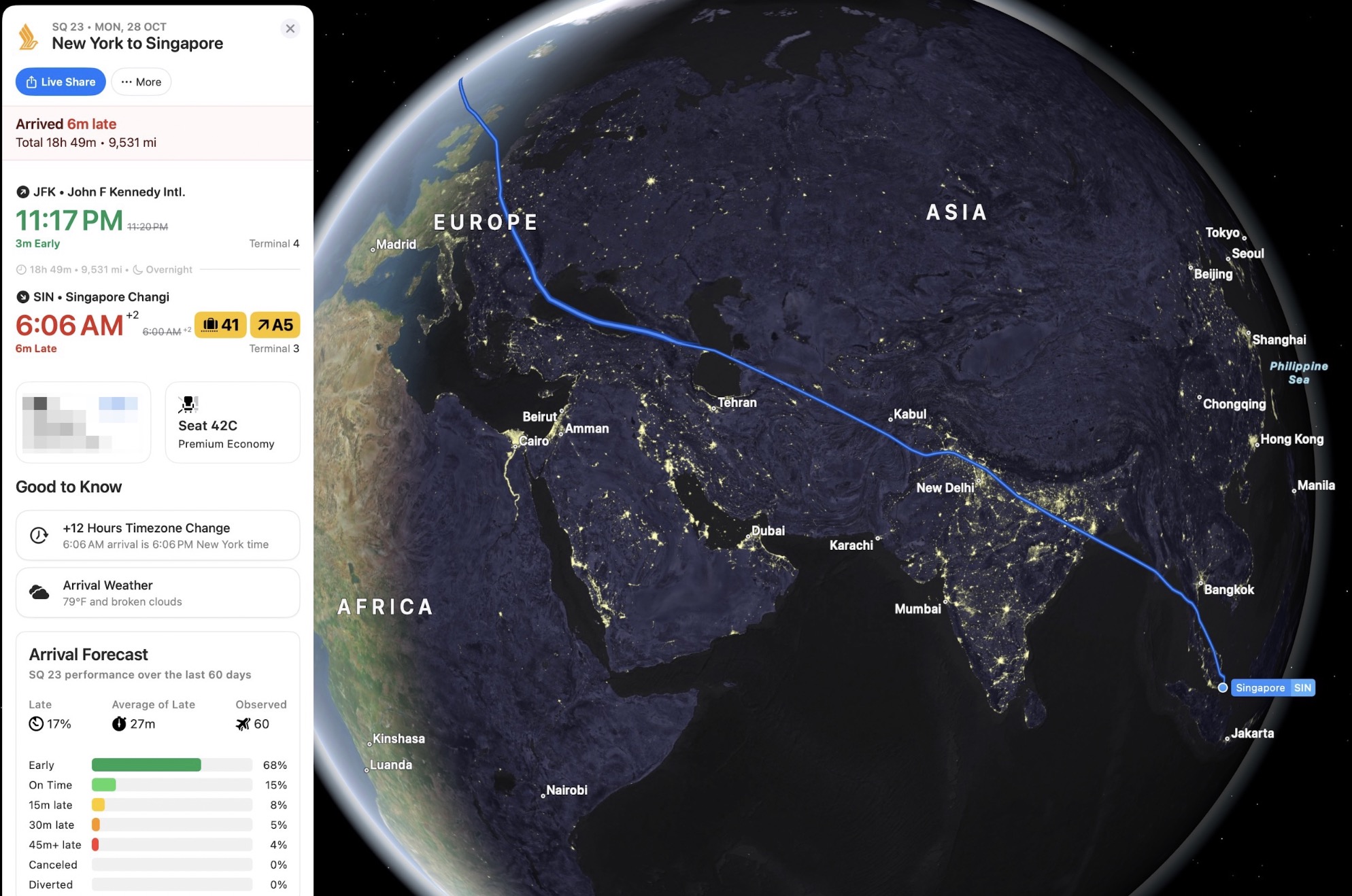 Flighty screenshot showing the flight path and trip stats