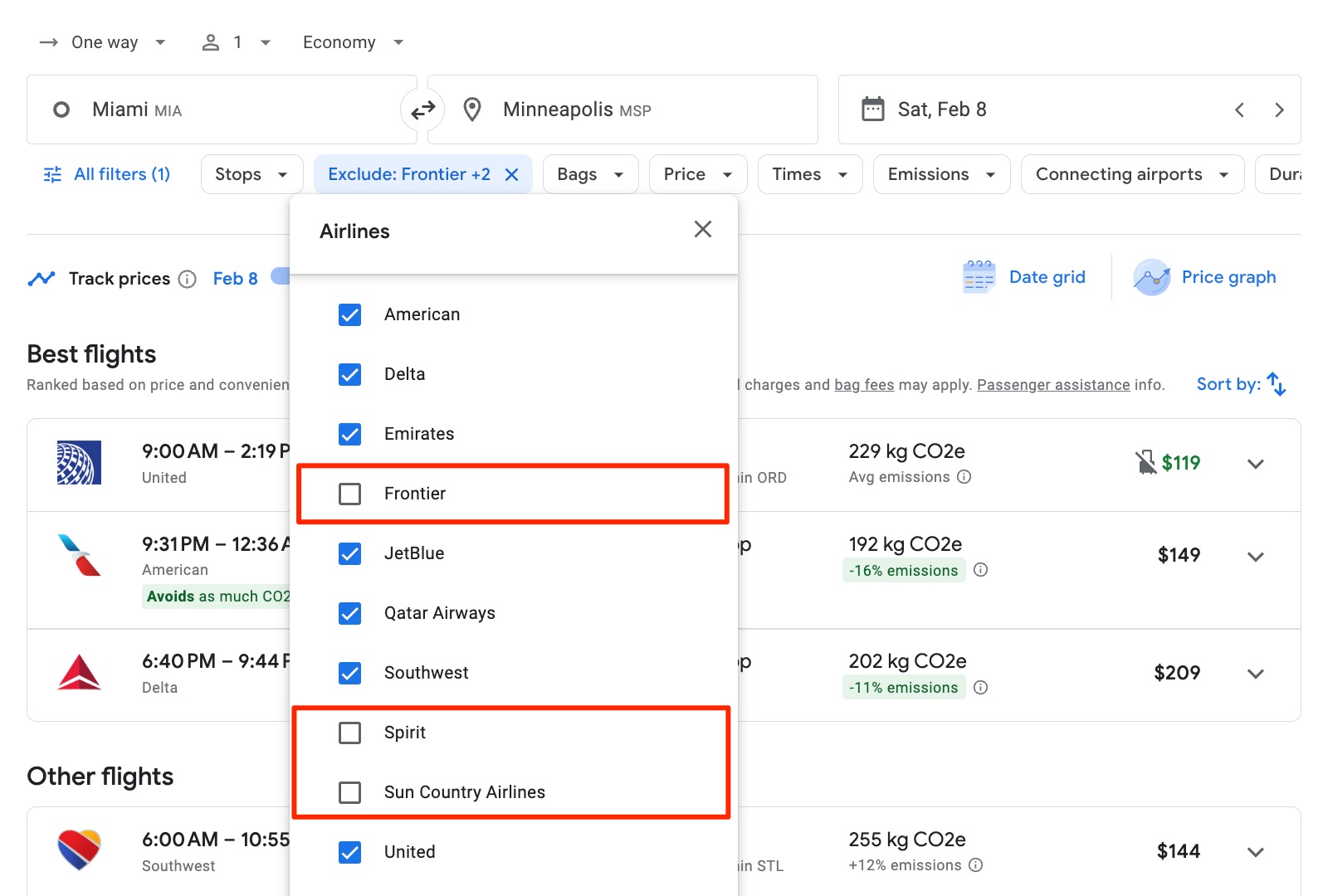 google flights airline filters