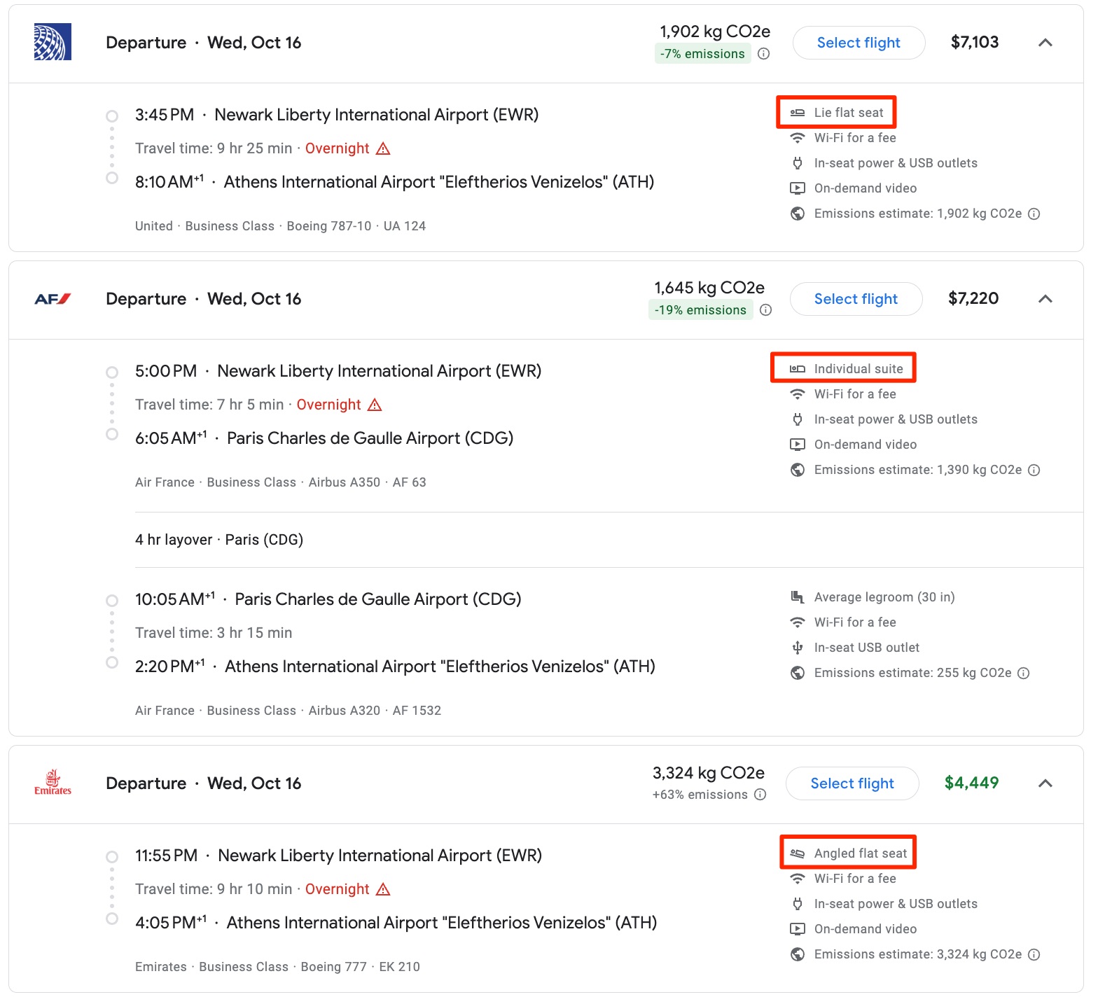 google flights business class seats