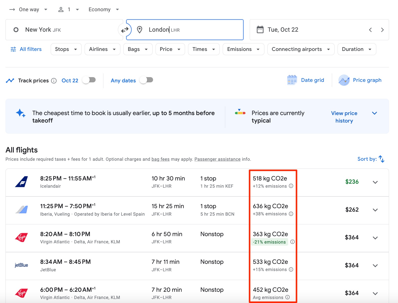 google flights carbon emissions