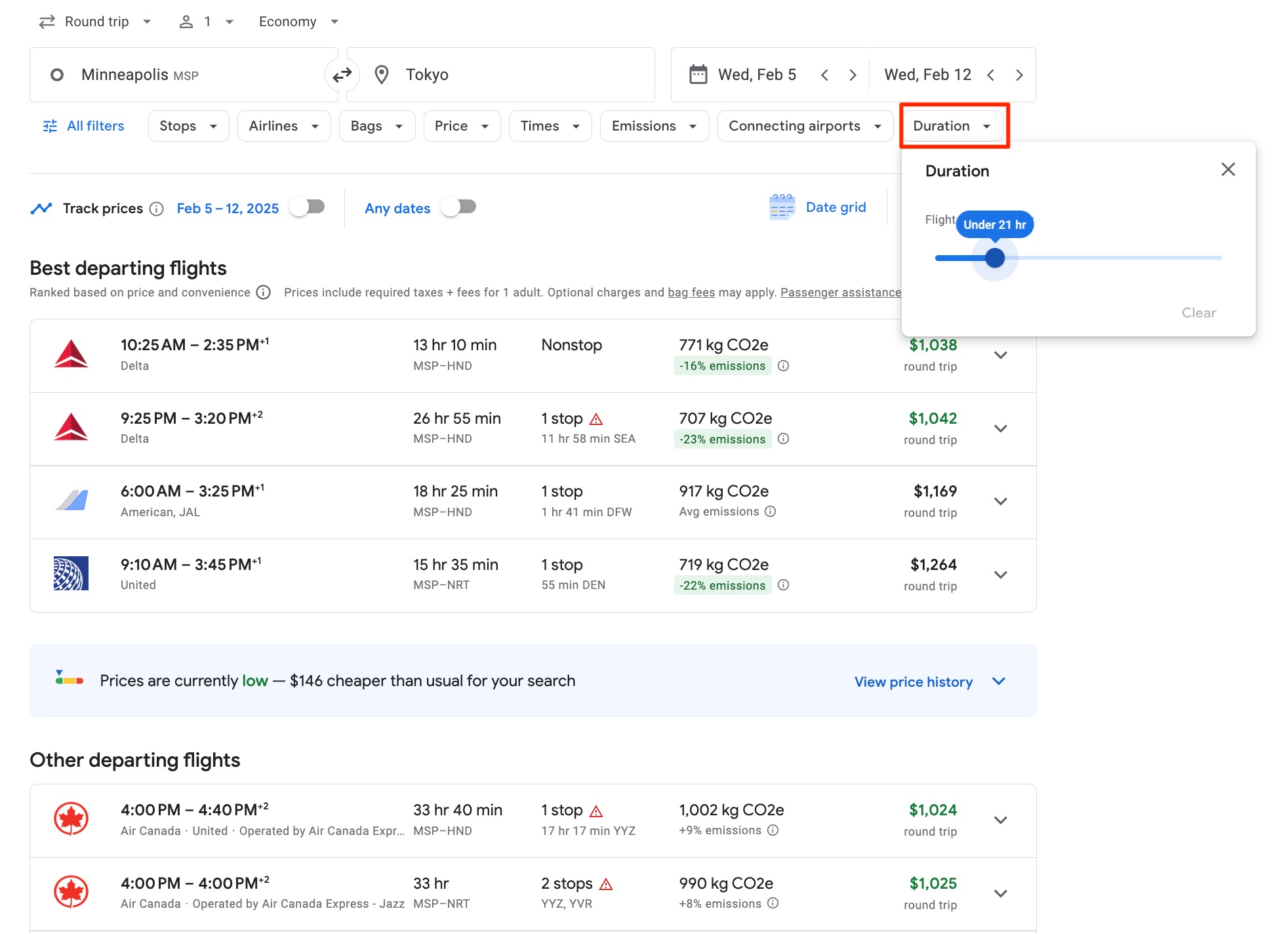 google flights duration filter