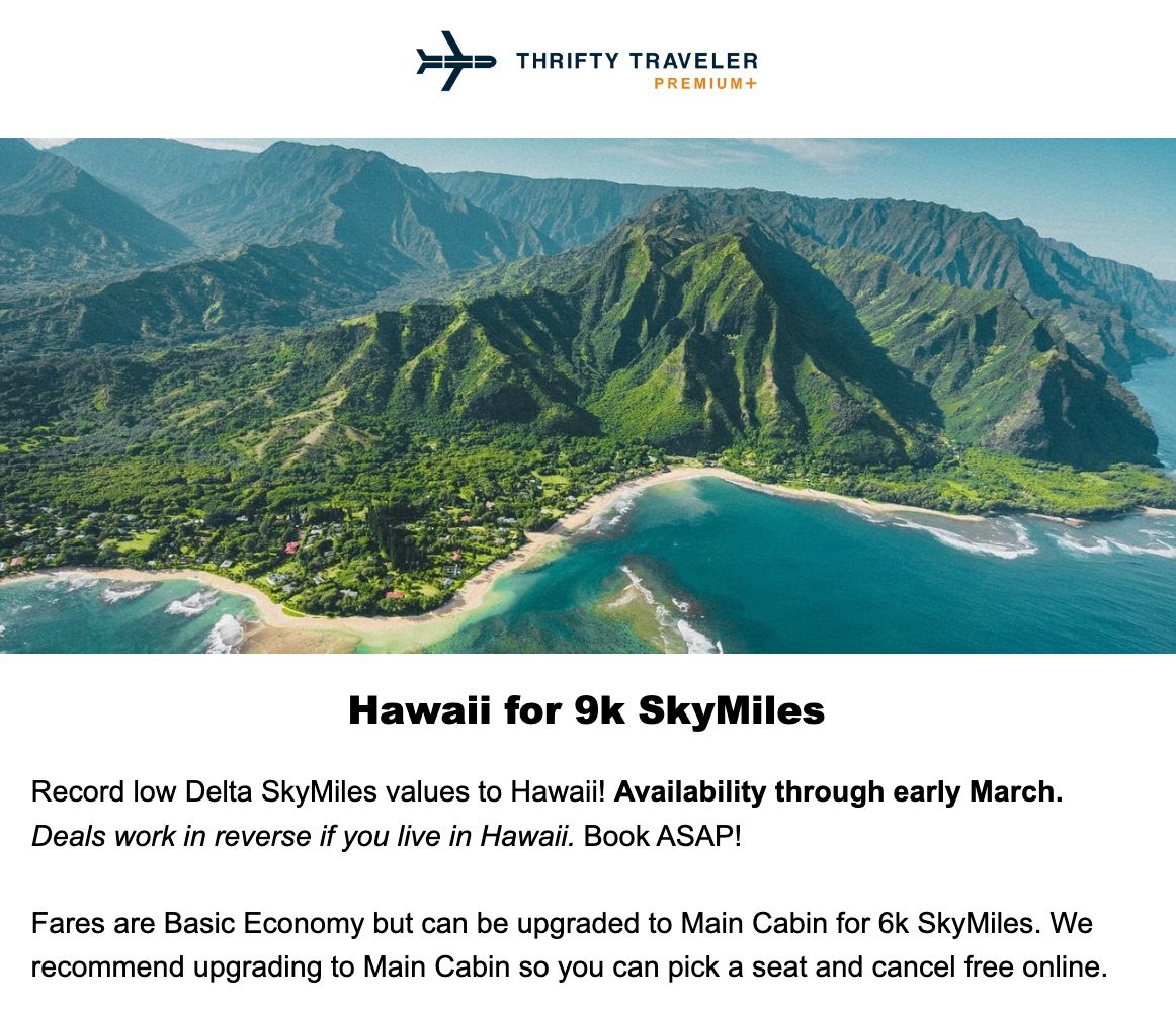 thrifty traveler premium plus hawaii for 9,000 skymiles