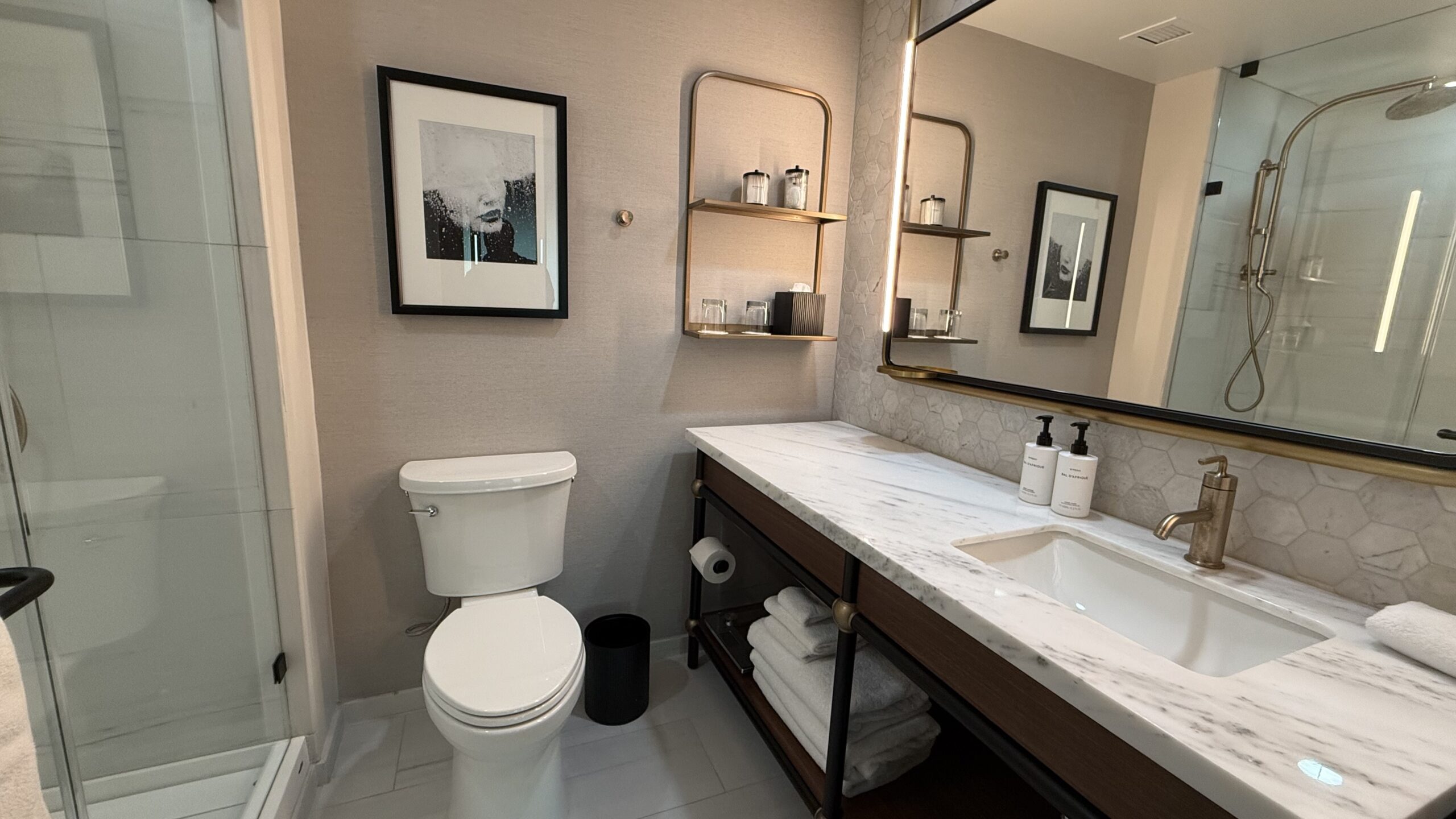 Hotel bathroom with shower, toilet, and vanity.