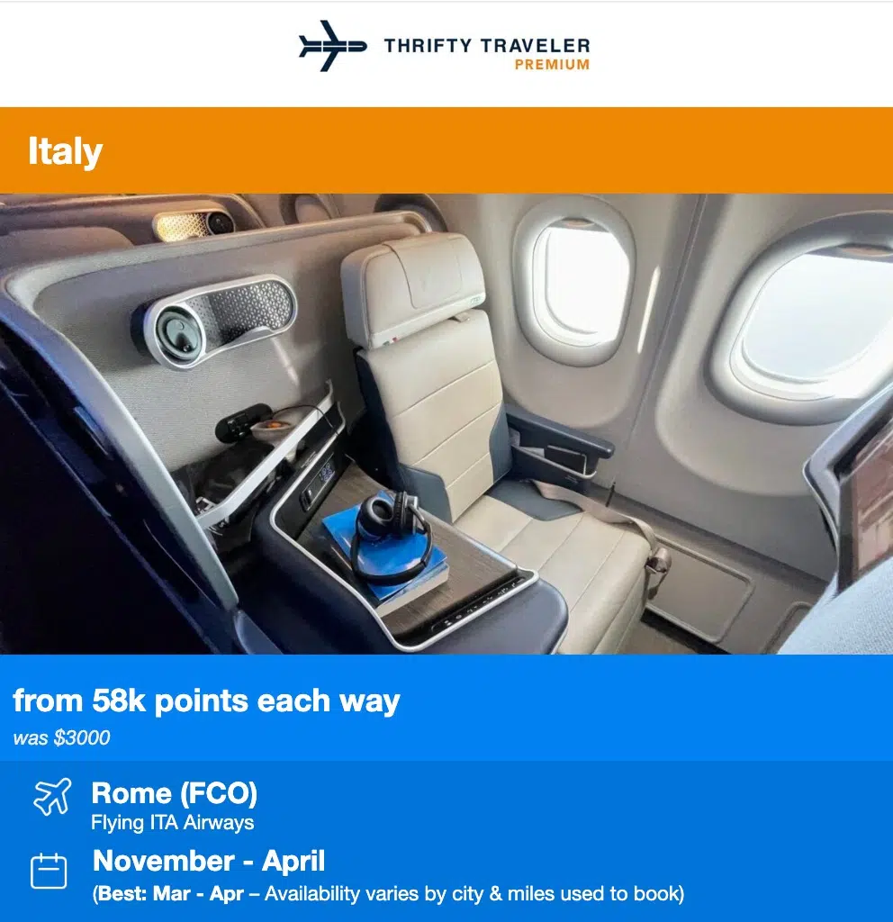 ITA biz class thrifty traveler premium deal