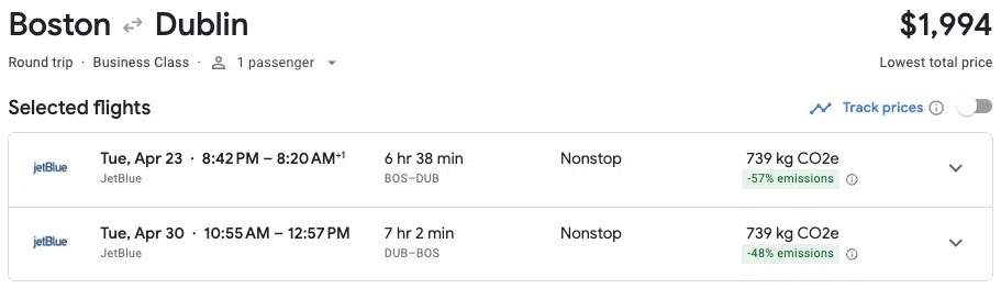 Airfare screenshot for business class flights between Boston and Dublin on JetBlue. 