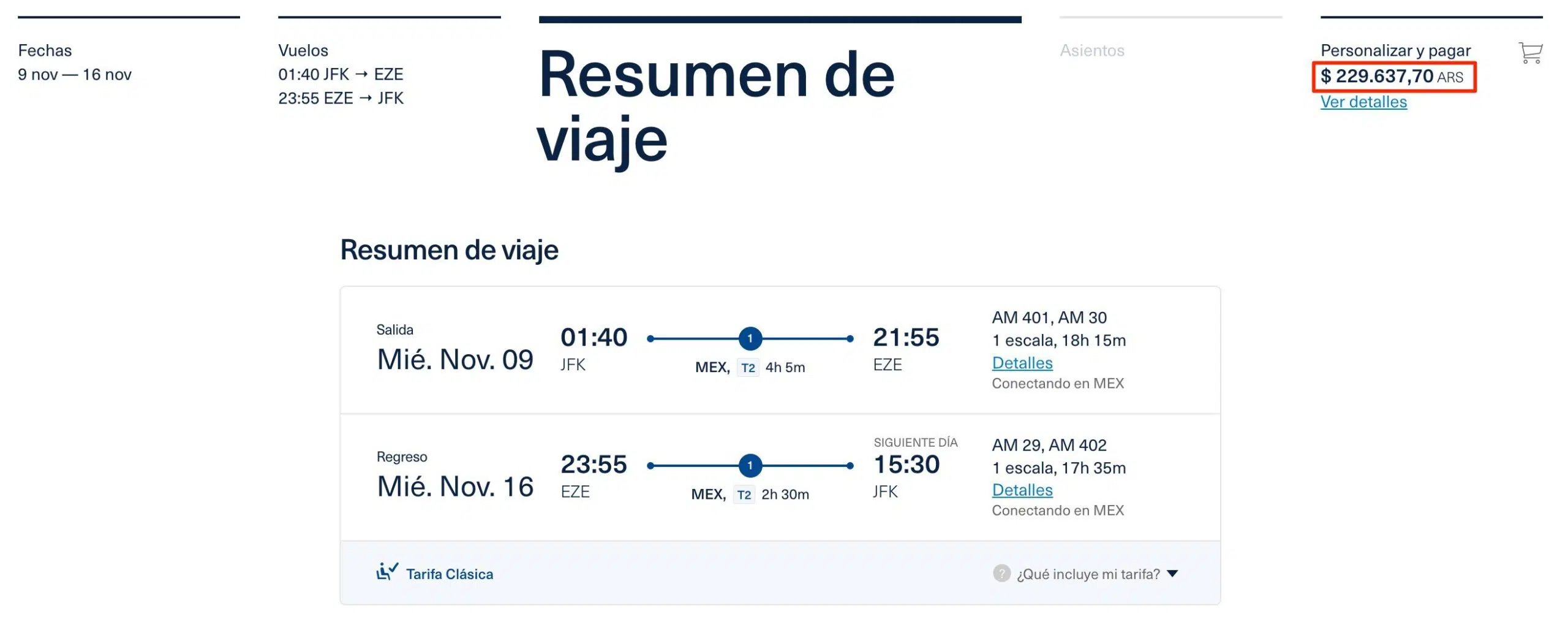 Aeromexico roundtrip fare from New York City to Buenos Aires in Argentinian pesos