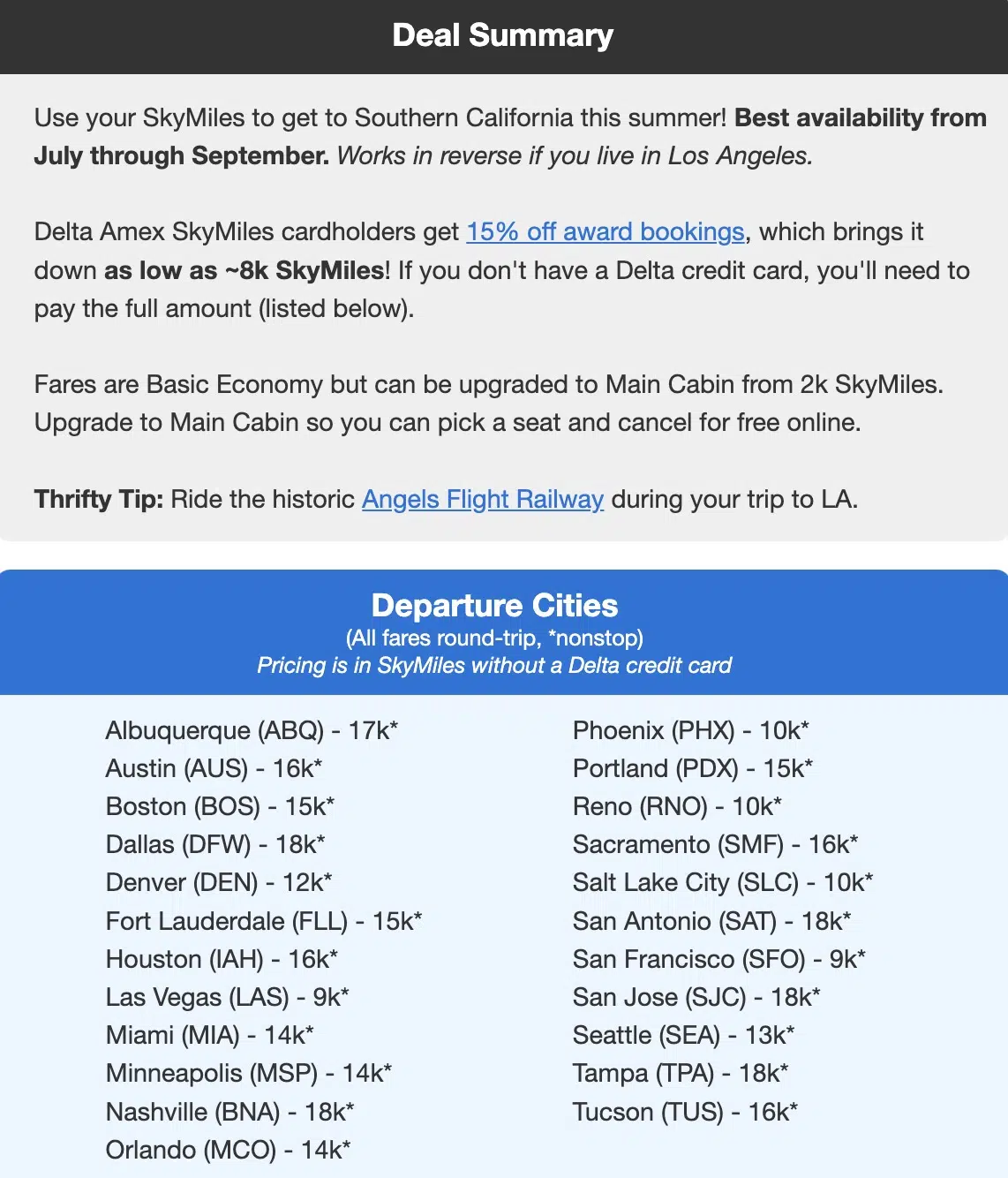 deal summary and list of departure cities for a delta skymiles flight deal to los angeles