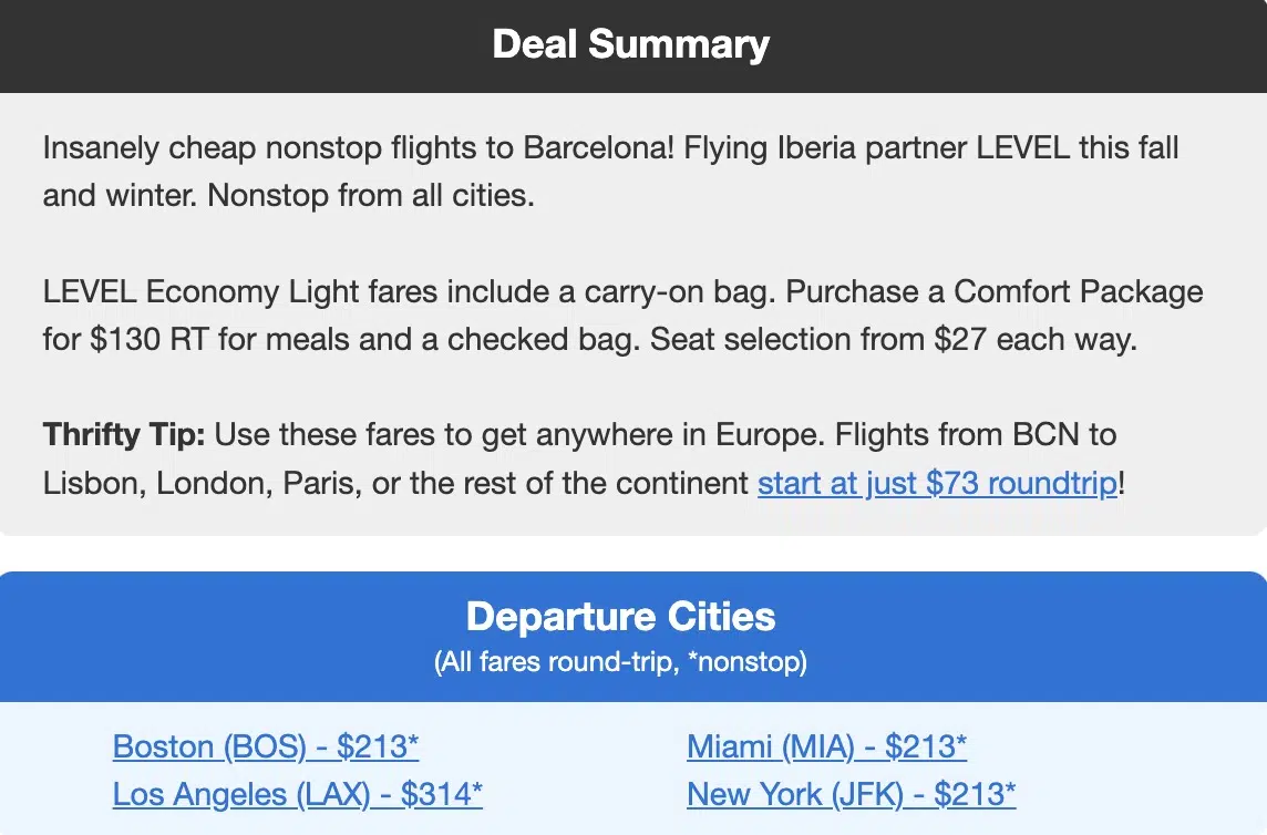 A list of LEVEL fares to Barcelona