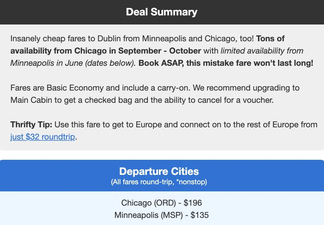 The summary and departure cities for a mistake fare to Dublin