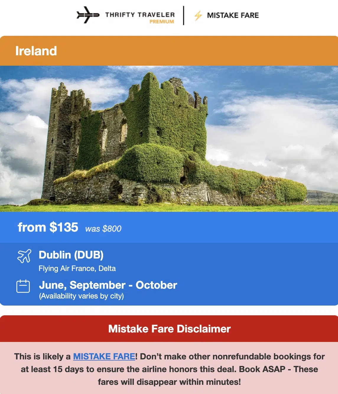 A flight deal alert for a mistake fare to Dublin