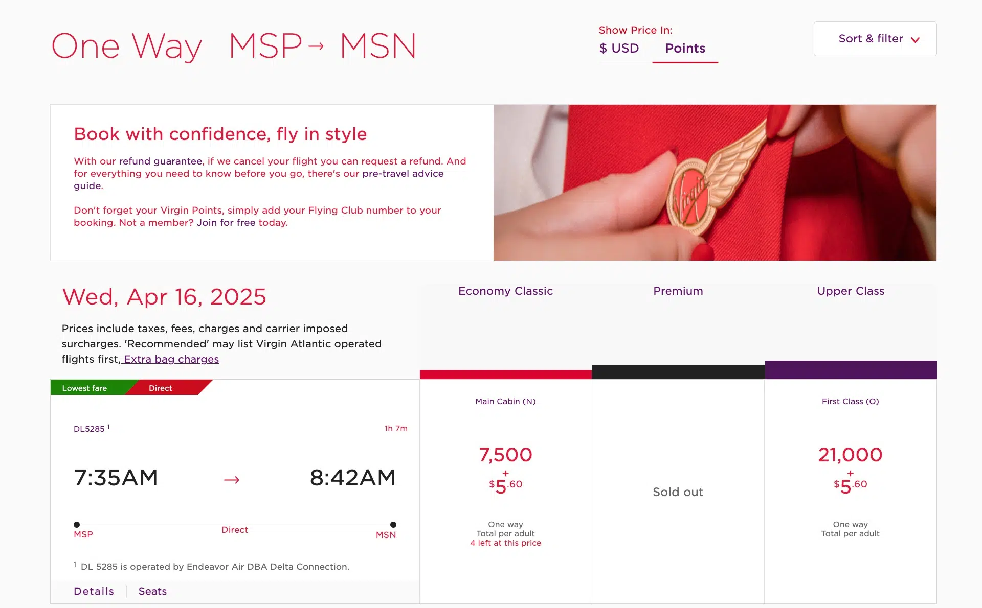 one way flight from minneapolis to madison on wednesday, april 16 for 7,500 virgin points