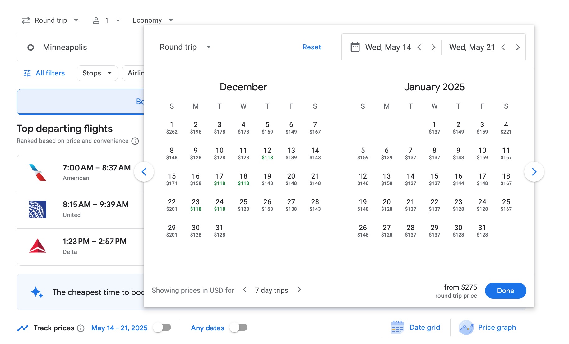 calendar of flight prices 