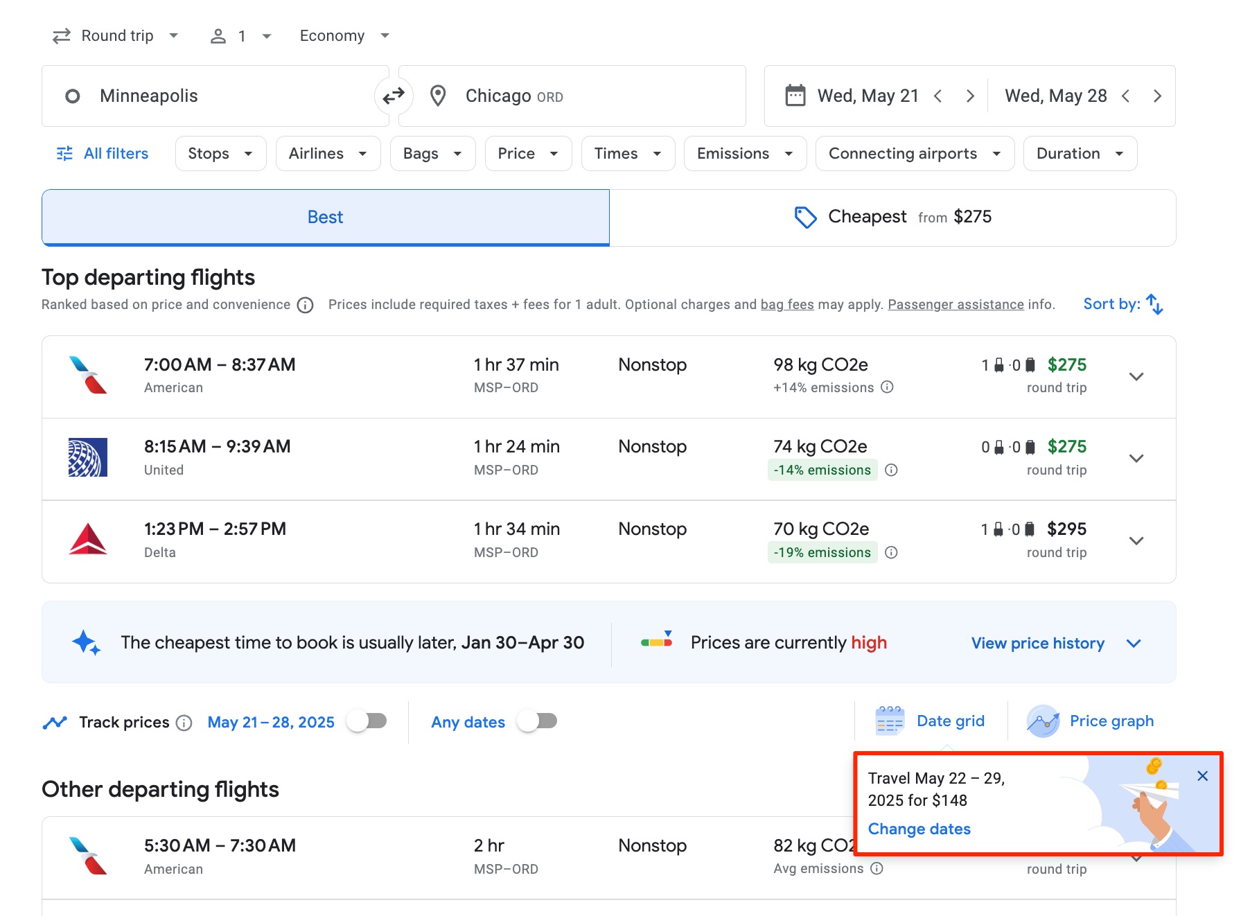 google flights search with a red box around new suggested dates