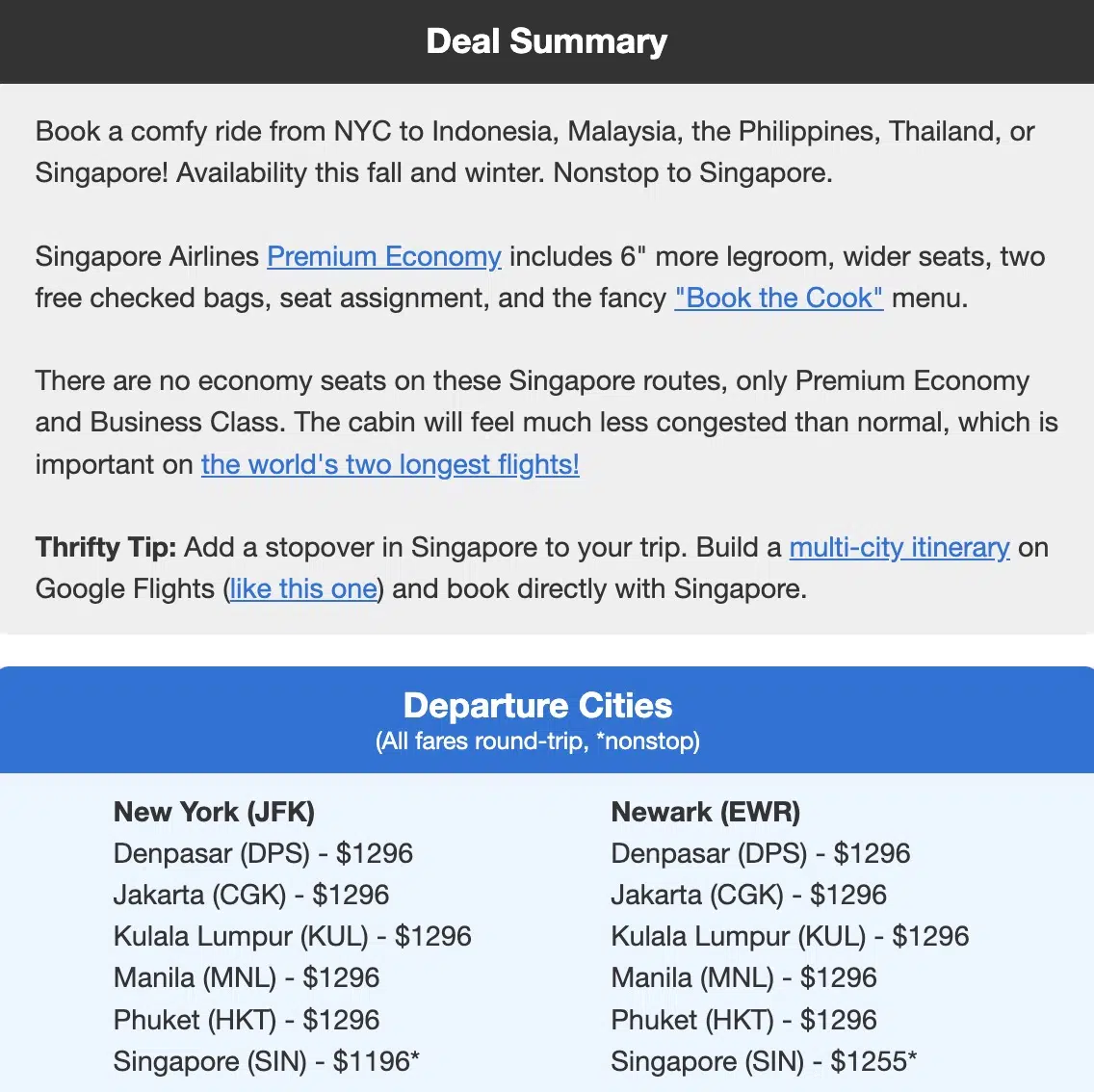 Thrifty Traveler Premium flight deal to Southeast Asia