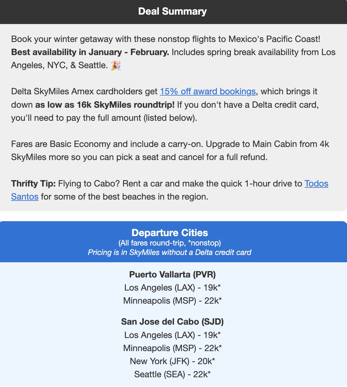 deal summary for a flight deal to mexico and list of departure cities with roundtrip pricing in skymiles without a delta card