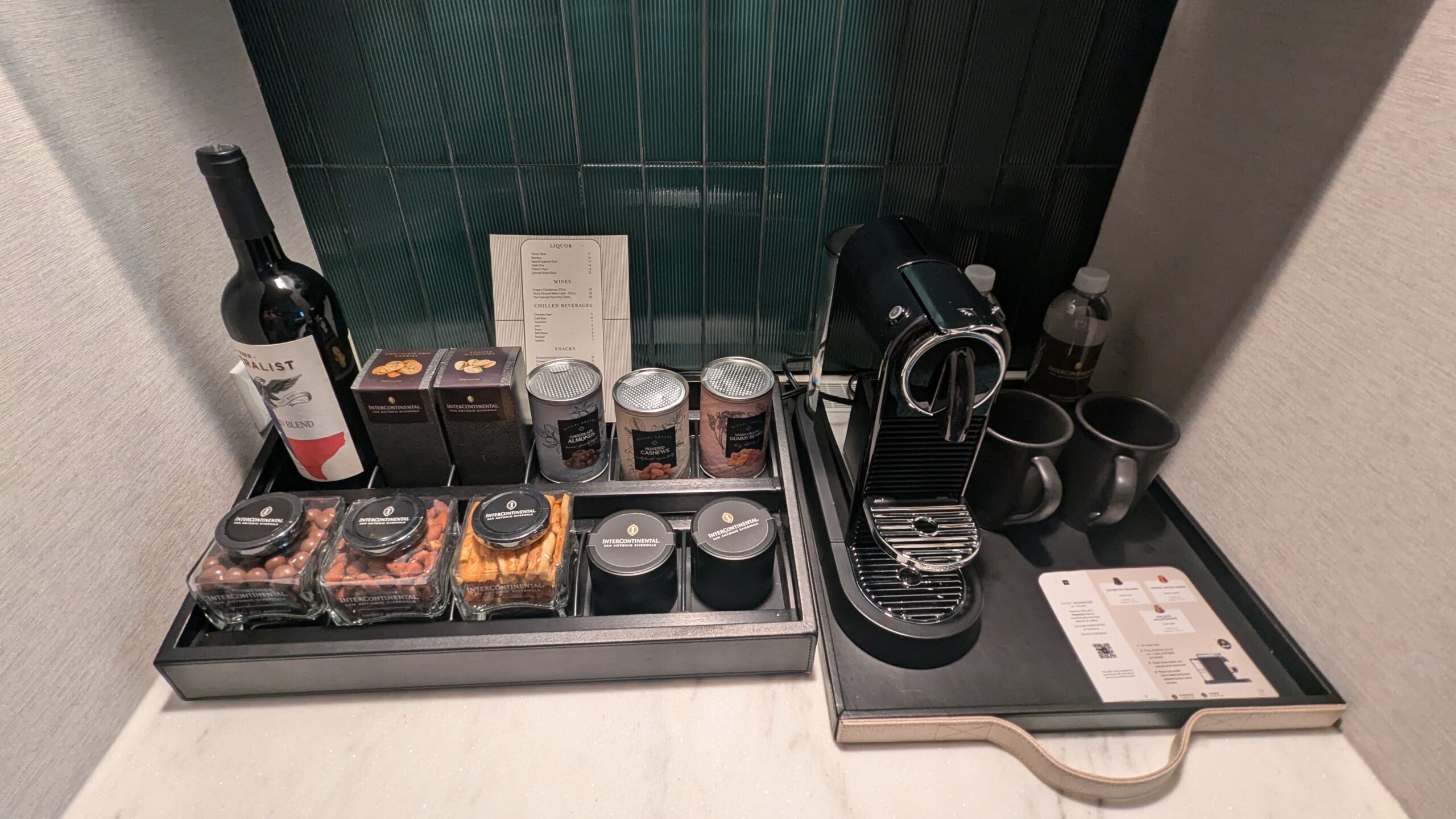 mini bar snacks, wine, and coffee maker. 