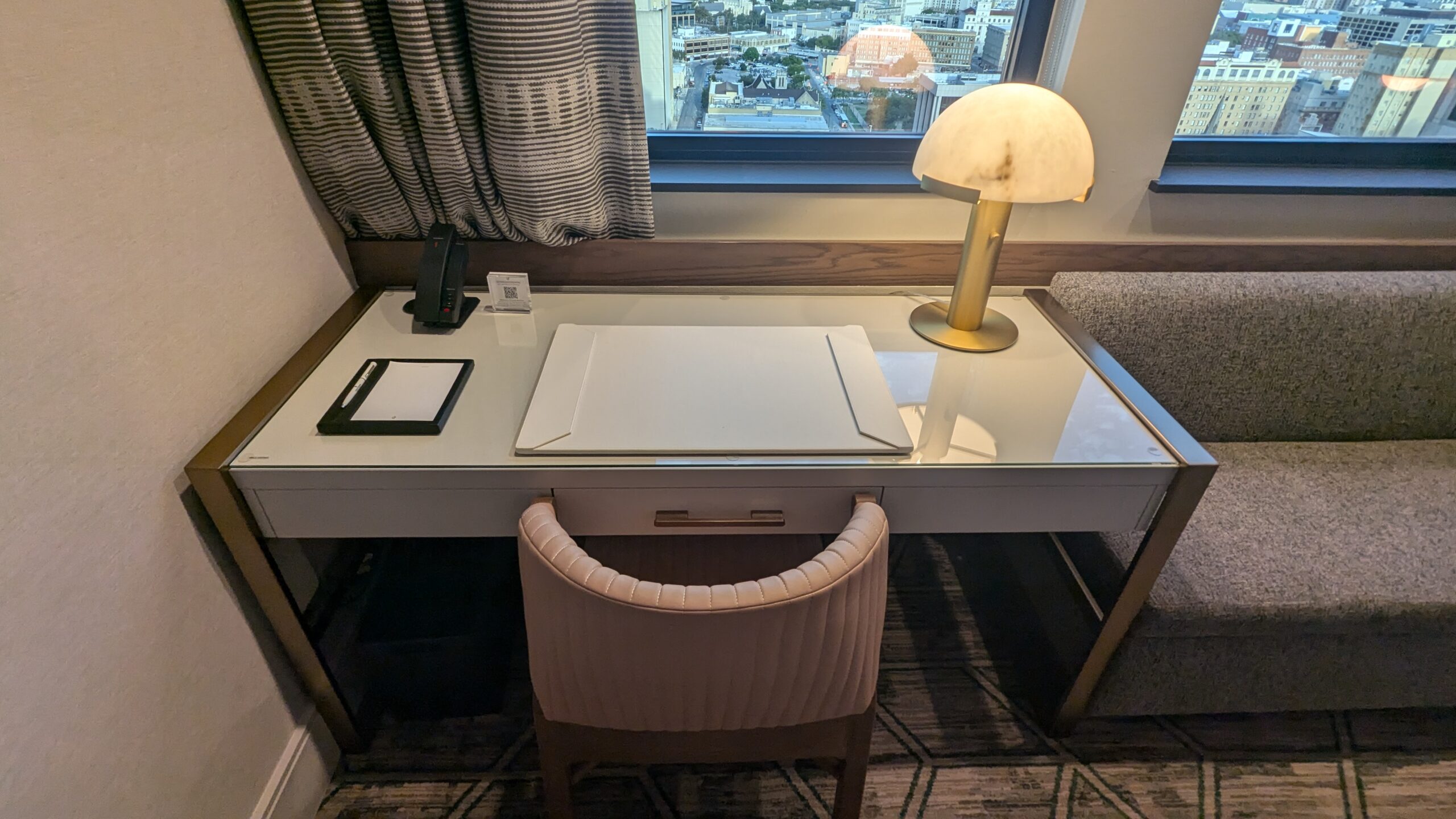 Desk, chair, and lamp 