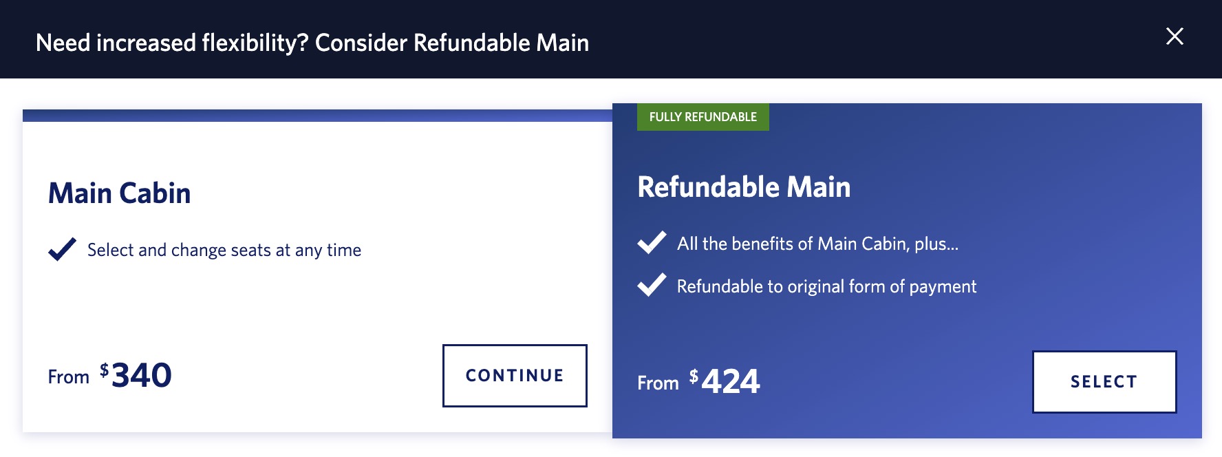 Main Cabin refundable fare versus main cabin on Delta