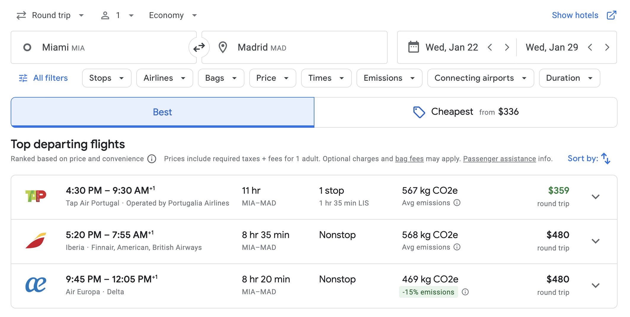 google flights search for flights from miami to madrid