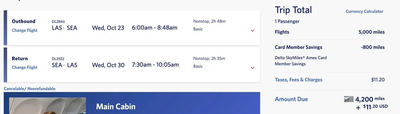 Las vegas to seattle roundtrip delta flight for 4,200 skymiles