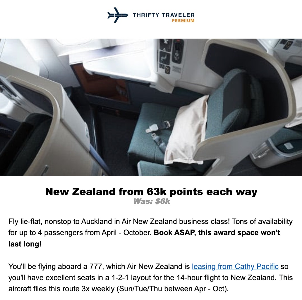 thrifty traveler premium award alert to new zealand