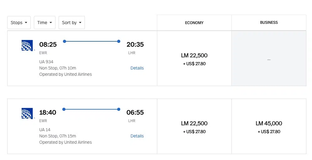 united to london via lifemiles