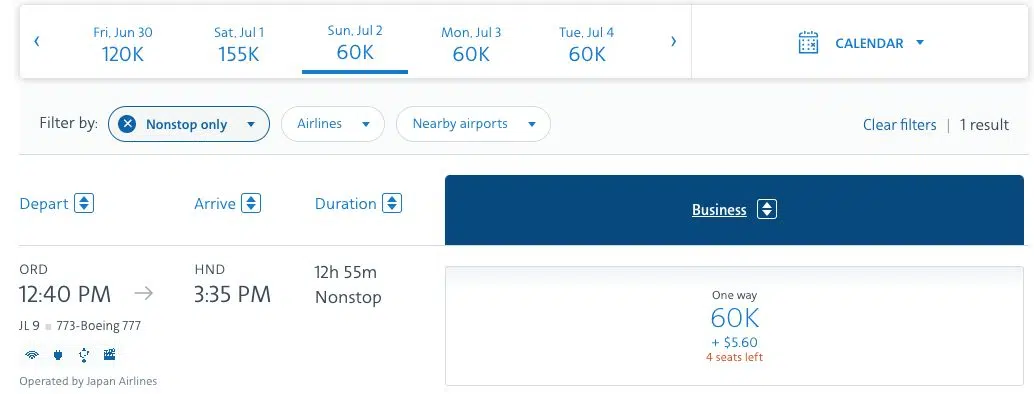 japan airlines redemption using american miles