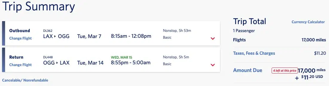 Flight booking from LAX to OGG using Delta SkyMiles. 