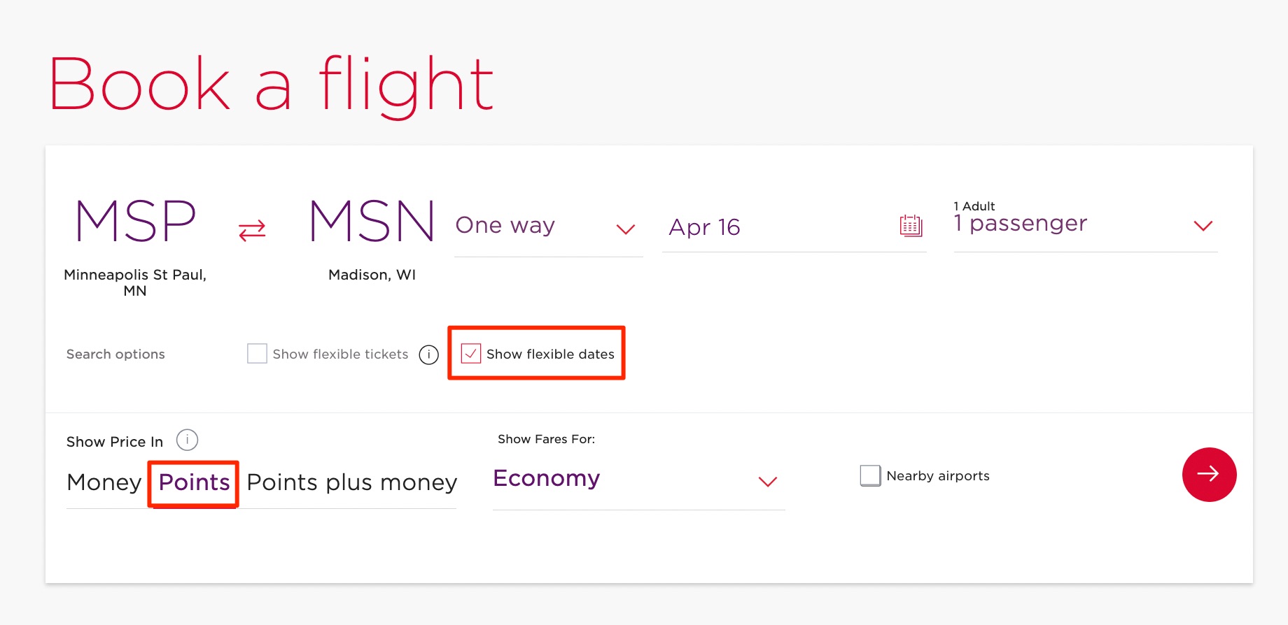 Search for one-way flights from Minneapolis to Madison on April 16th with show flexible dates and show price in points selected