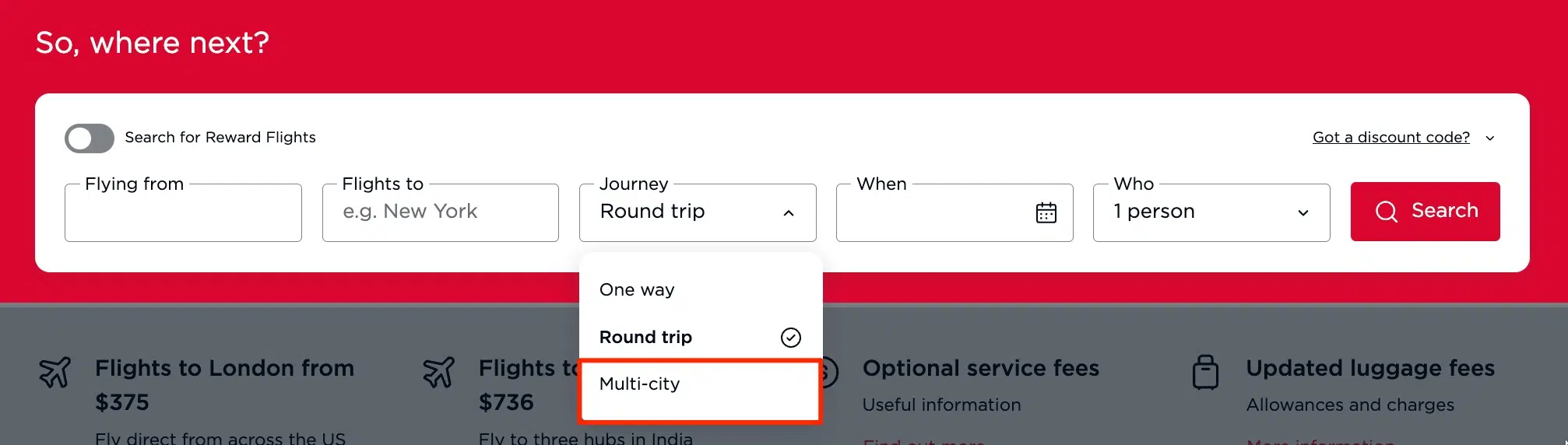 Virgin Atlantic flight search with list of journey options one-way, round trip or multi-city