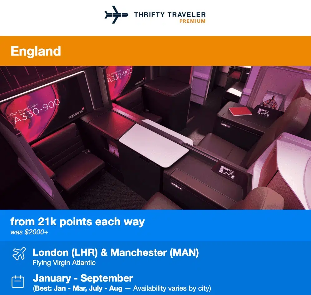 THRIFTY TRAVELER PREMIUM deal to London and Manchester in Virgin Atlantic Upper Class