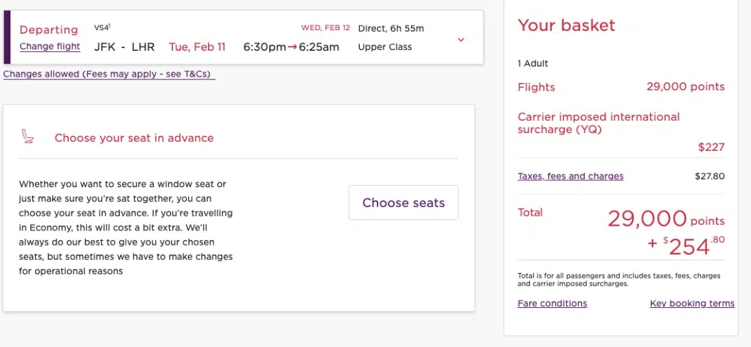 Virgin business class fare