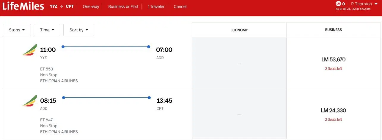 toronto to cape town on ethiopian airlines using lifemiles