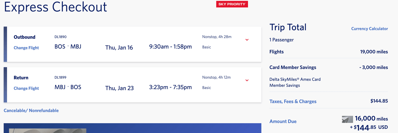 express checkout boston to montego bay, jamaica for 16,000 skymiles 